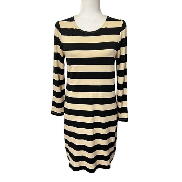 Theory Cream and Black Striped Dress Size Small The Onita Dress Women's 3/4 Slee - Picture 2 of 13